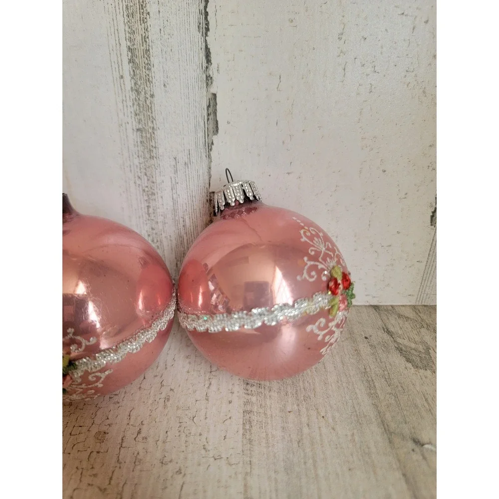 Vintage rose lace pink ball glass ornament Xmas set unique home